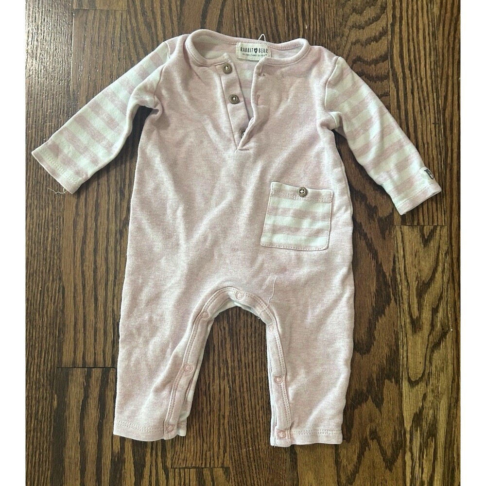 Rabbit and Bear Pink and White 100% Cotton Long Sleeve‎ Jumpsuit Size 3-6 Months